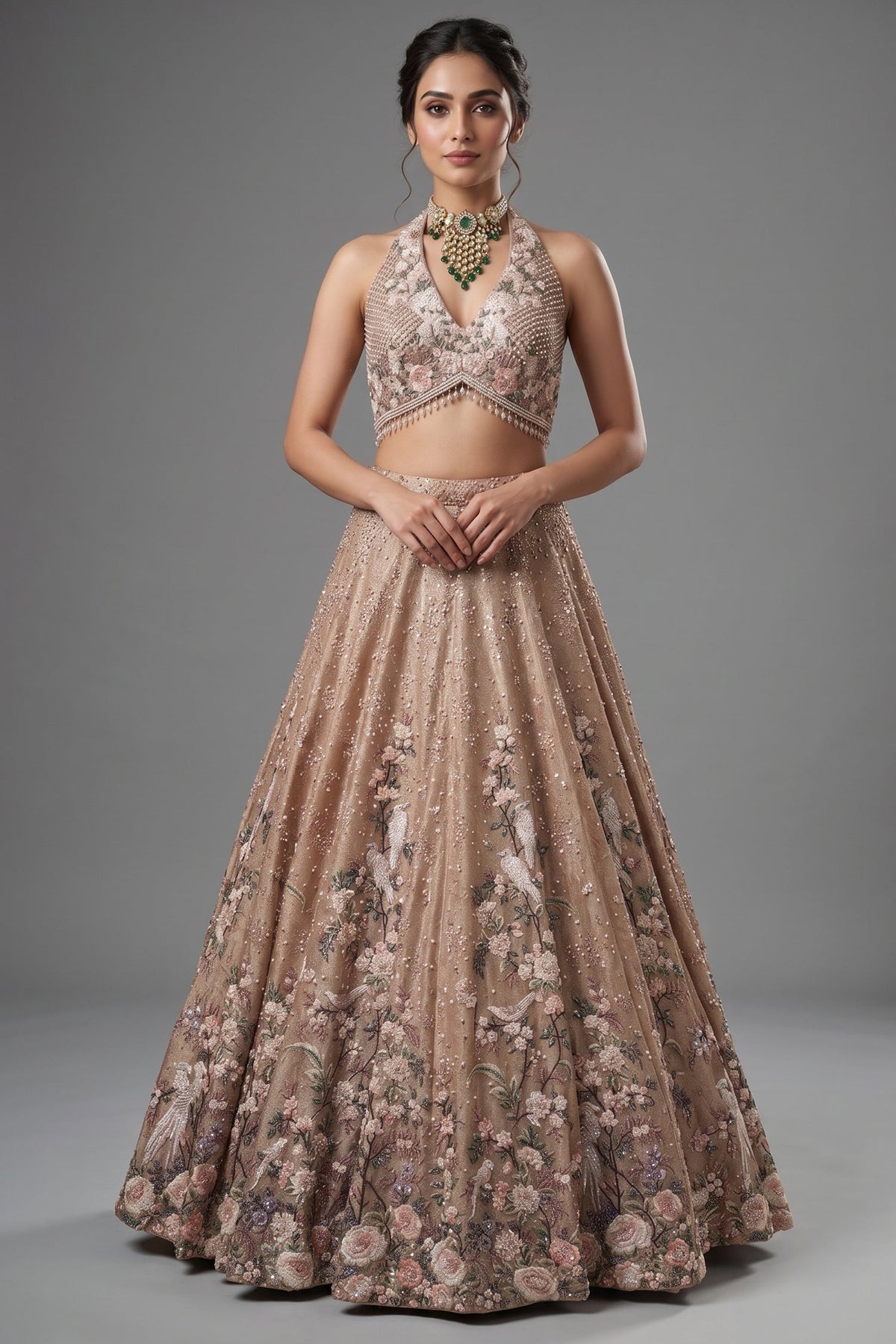 Champagne Brown Luxury Tissue Hand-Embroidered Bridal Lehenga Choli