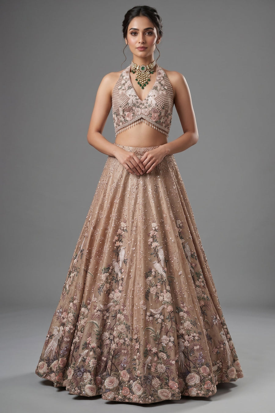 Champagne Brown Luxury Tissue Hand-Embroidered Bridal Lehenga Choli