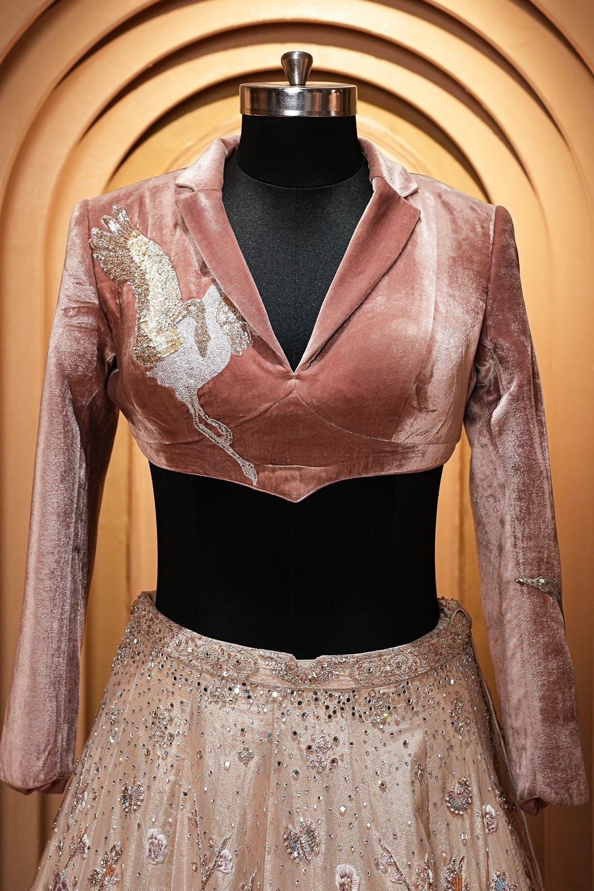 Metallic Warm Ivory Beige Tissue Lehenga with Smoked Mauve Crop Top