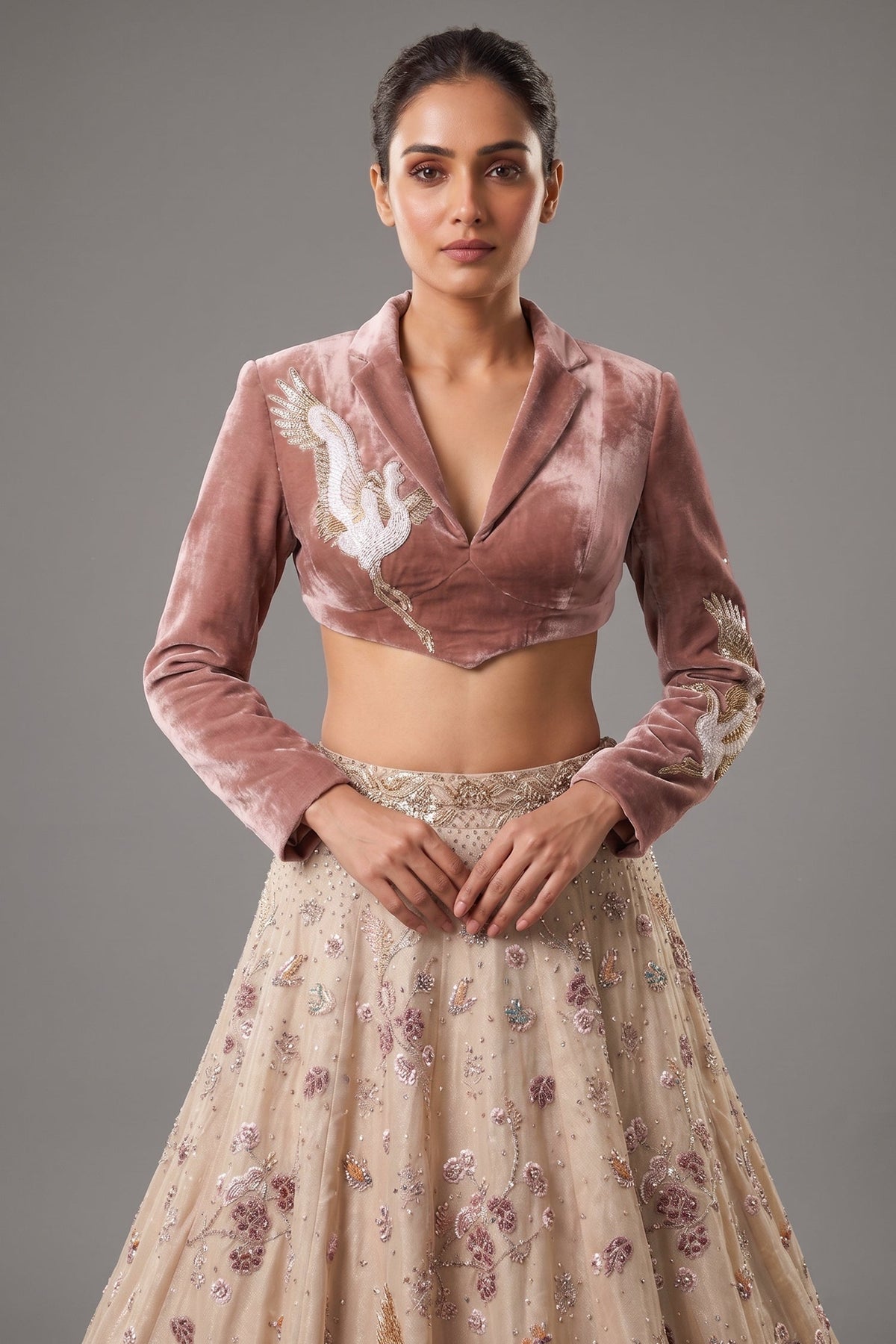 Metallic Warm Ivory Beige Tissue Lehenga with Smoked Mauve Crop Top