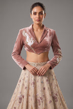 Metallic Warm Ivory Beige Tissue Lehenga with Smoked Mauve Crop Top