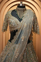 Mint Sage Green Organza Lehenga with Intricate Hand-Embroidered Mirror Work