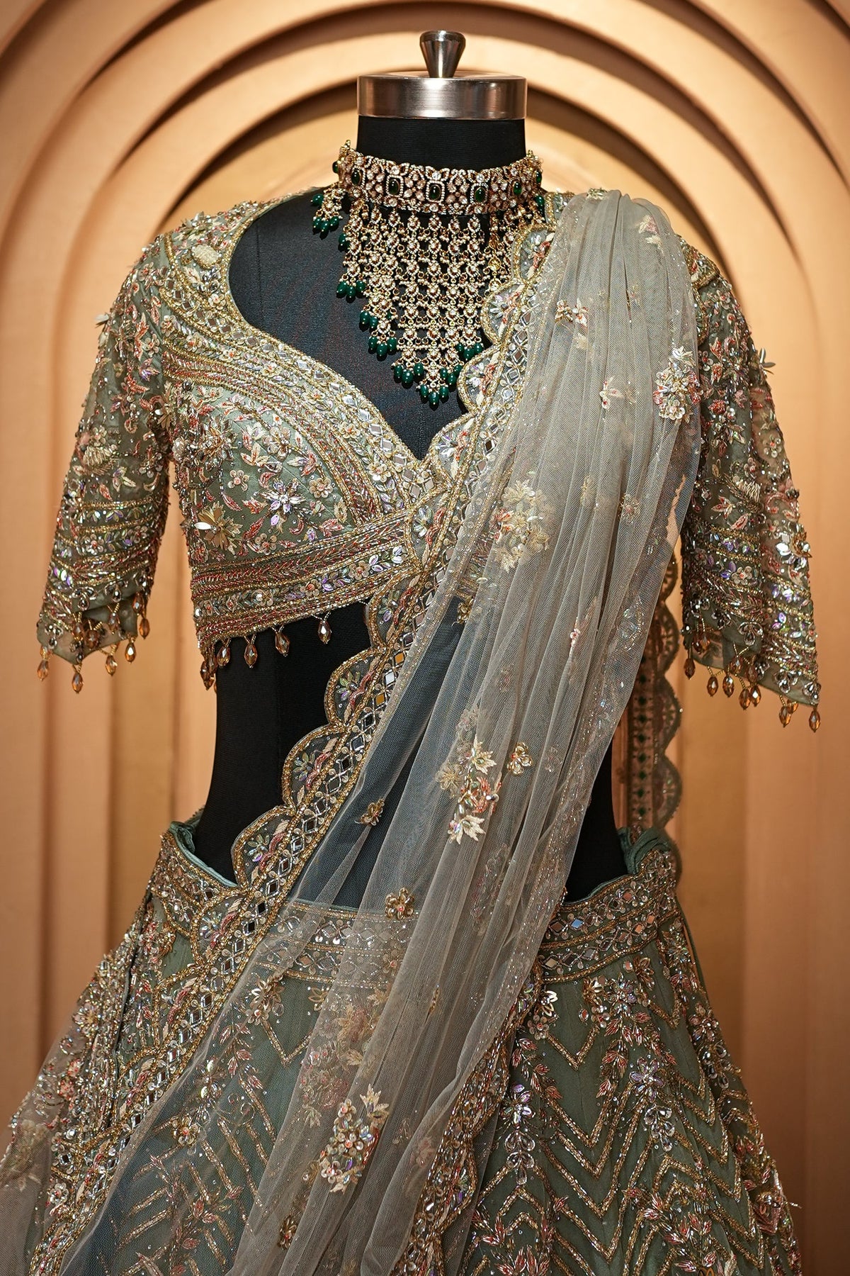 Mint Sage Green Organza Lehenga with Intricate Hand-Embroidered Mirror Work