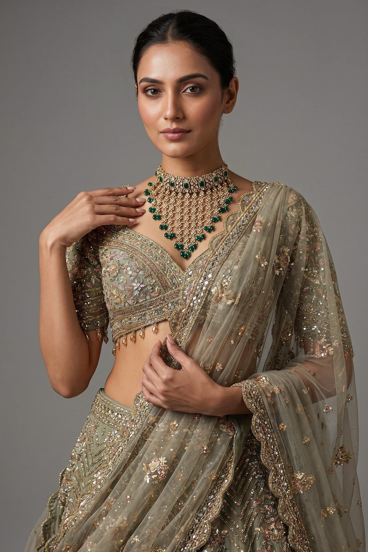 Mint Sage Green Organza Lehenga with Intricate Hand-Embroidered Mirror Work