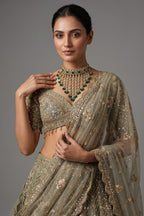 Mint Sage Green Organza Lehenga with Intricate Hand-Embroidered Mirror Work