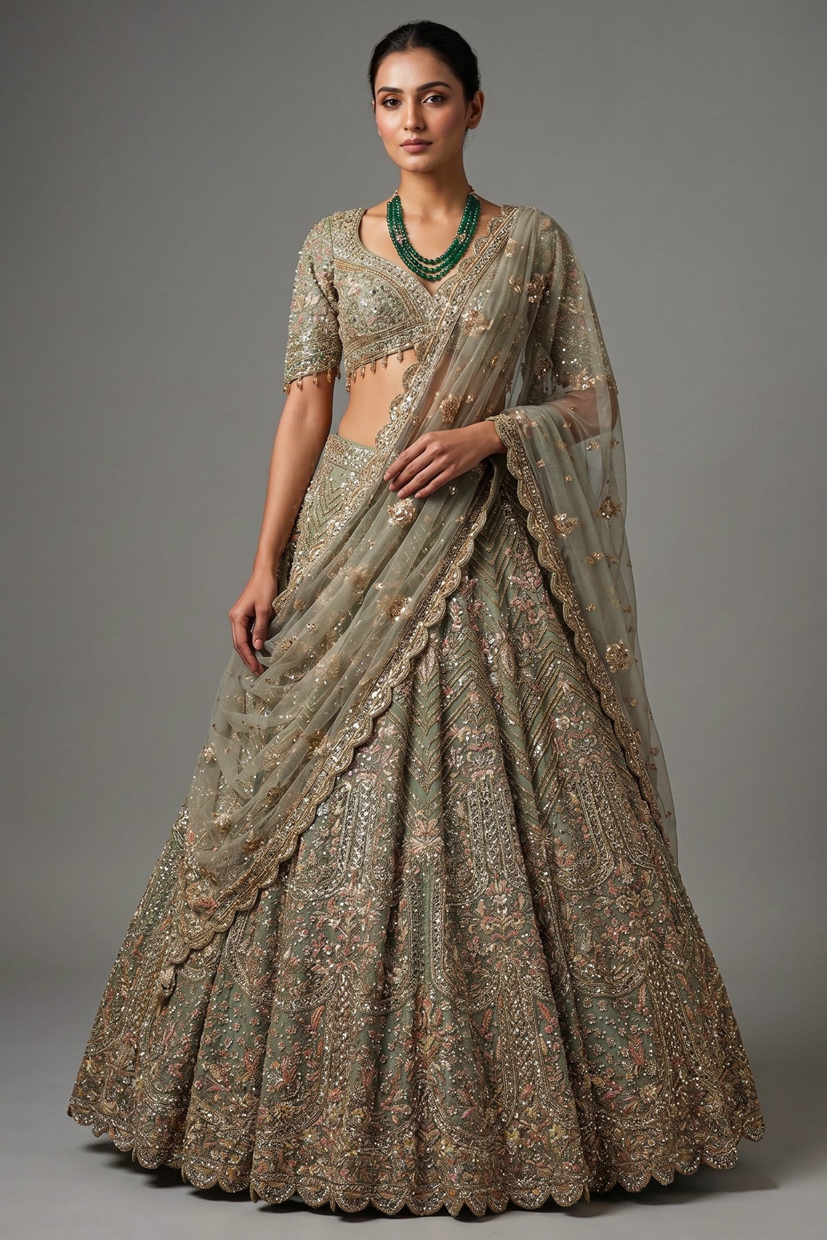 Mint Sage Green Organza Lehenga with Intricate Hand-Embroidered Mirror Work