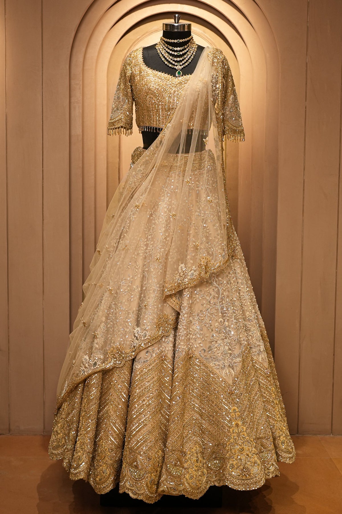 Ivory White and Antique Gold Organza Luxury Bridal Lehenga Choli