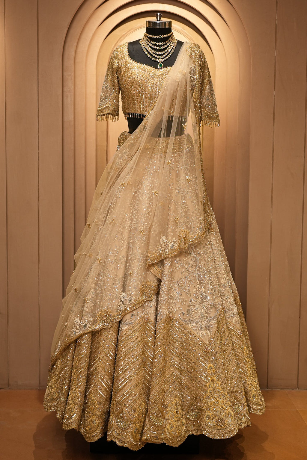 Ivory White and Antique Gold Organza Luxury Bridal Lehenga Choli