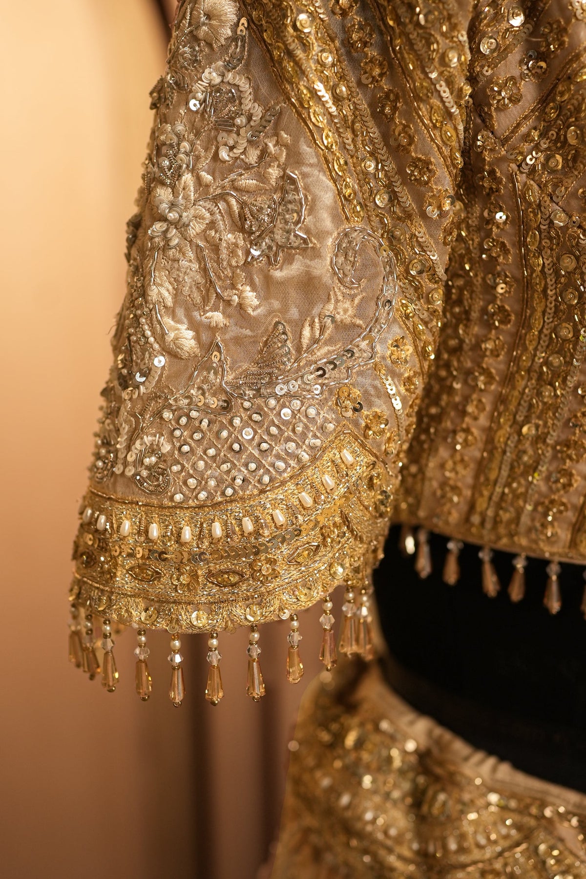Ivory White and Antique Gold Organza Luxury Bridal Lehenga Choli
