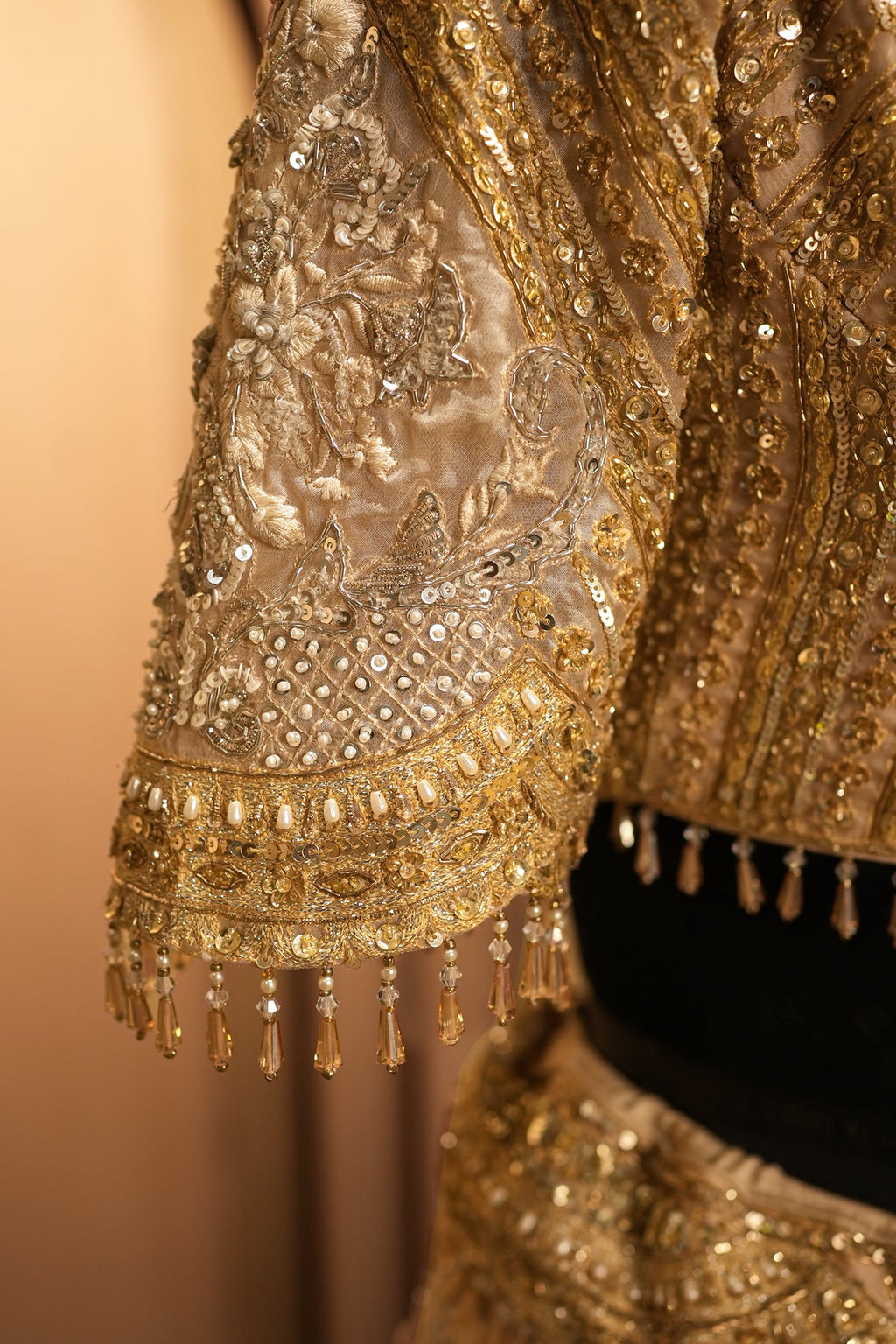 Ivory White and Antique Gold Organza Luxury Bridal Lehenga Choli