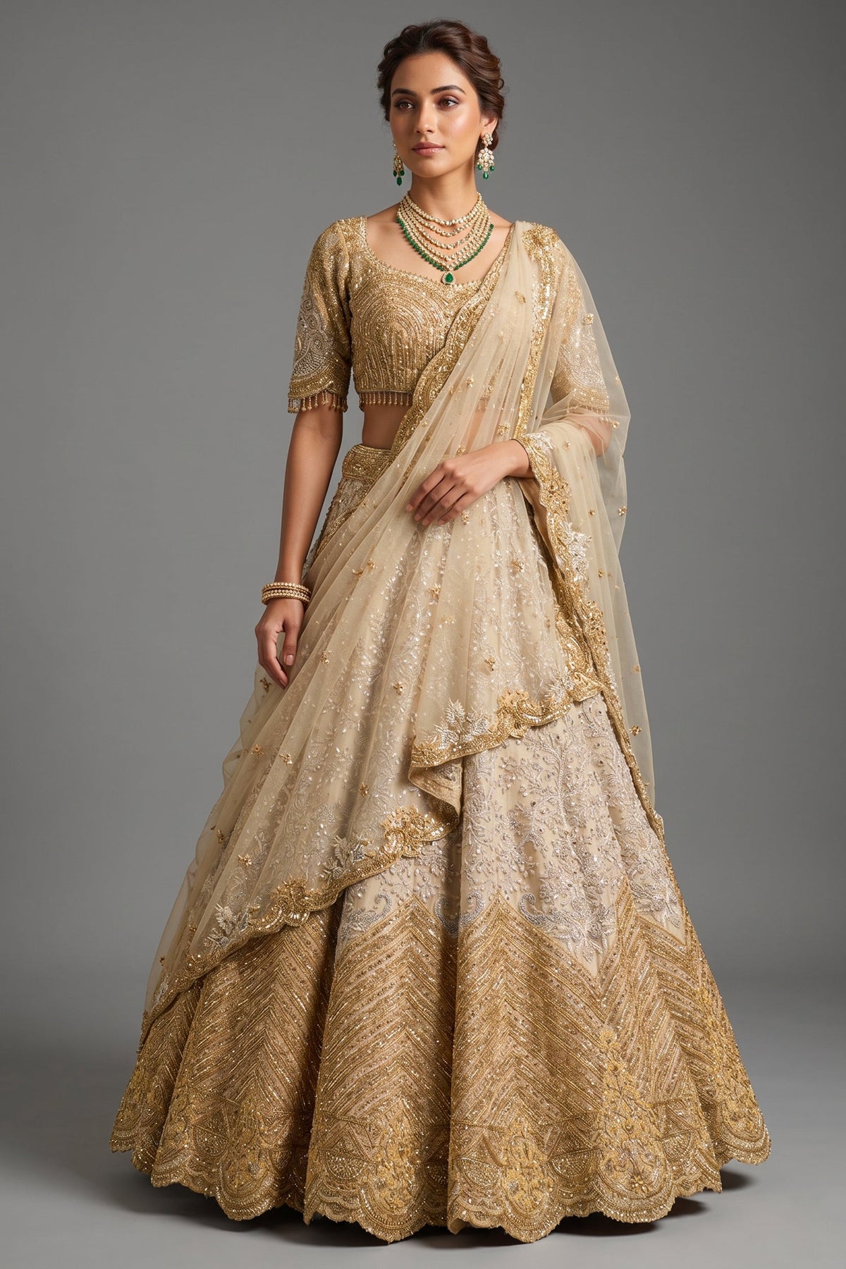 Ivory White and Antique Gold Organza Luxury Bridal Lehenga Choli