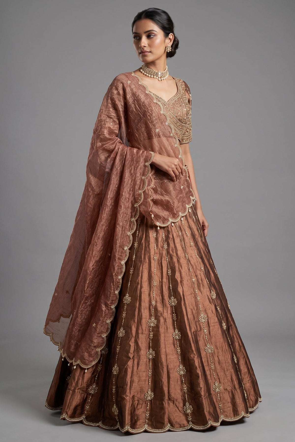 Brown Tissue Zardosi and Cutdana Worked Lehenga