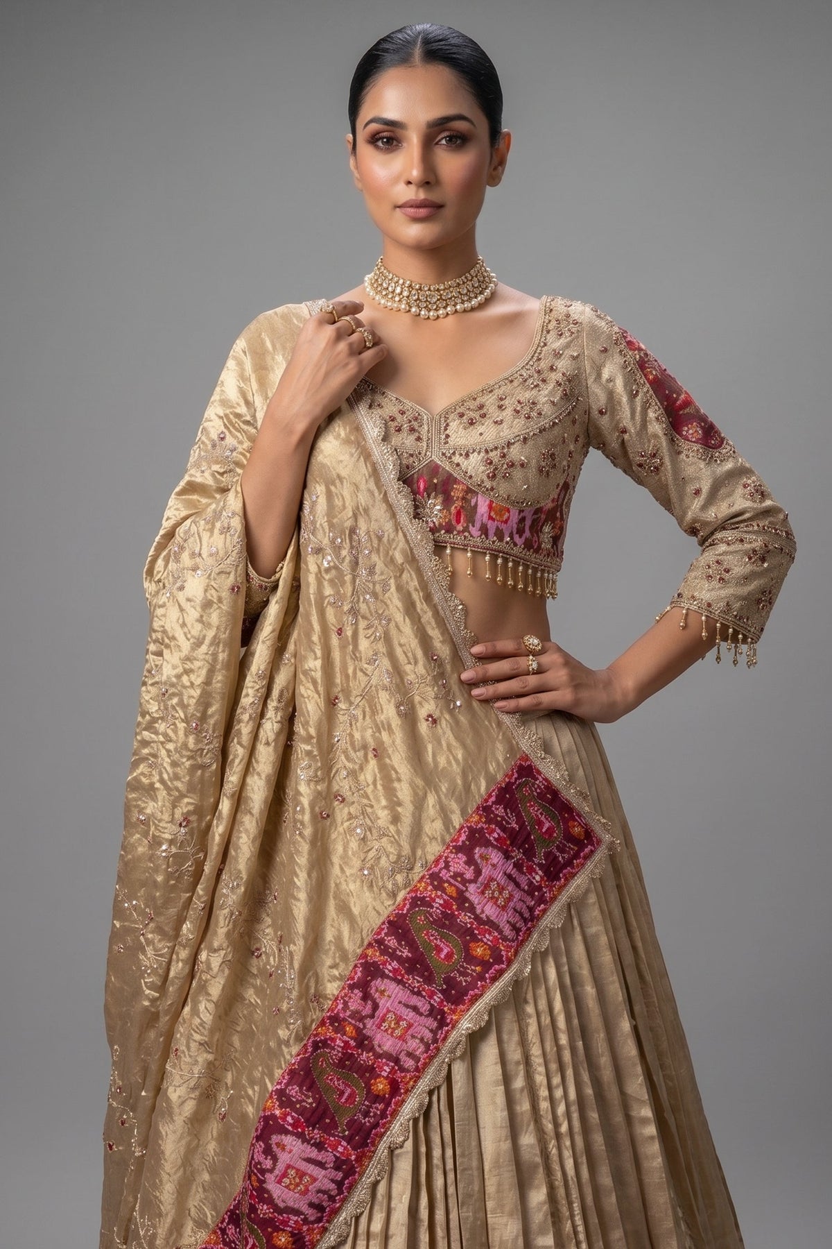 Golden Organza Tissue Lehenga with Patola Border