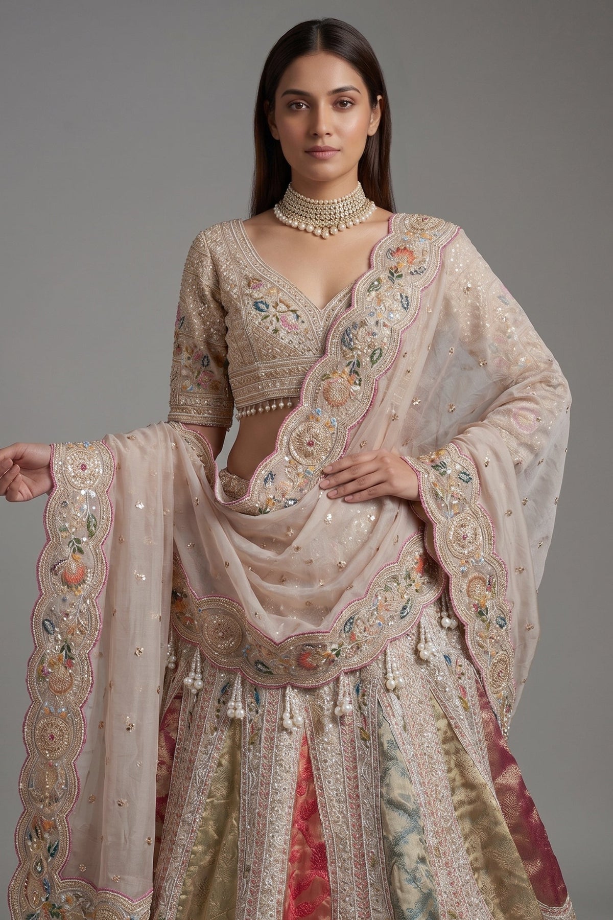 Light Baby Pink Tissue Silk Beaded and Embroidery Lehenga with Patch Work