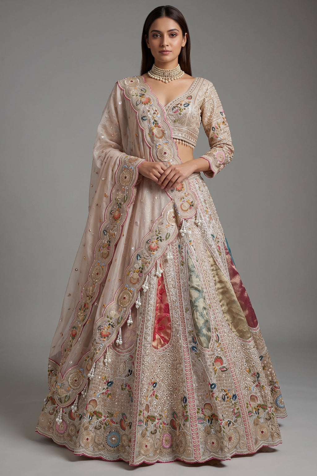 Light Baby Pink Tissue Silk Beaded and Embroidery Lehenga with Patch Work
