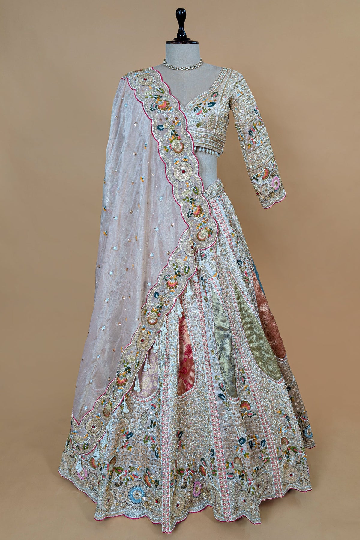 Light Baby Pink Tissue Silk Beaded and Embroidery Lehenga with Patch Work
