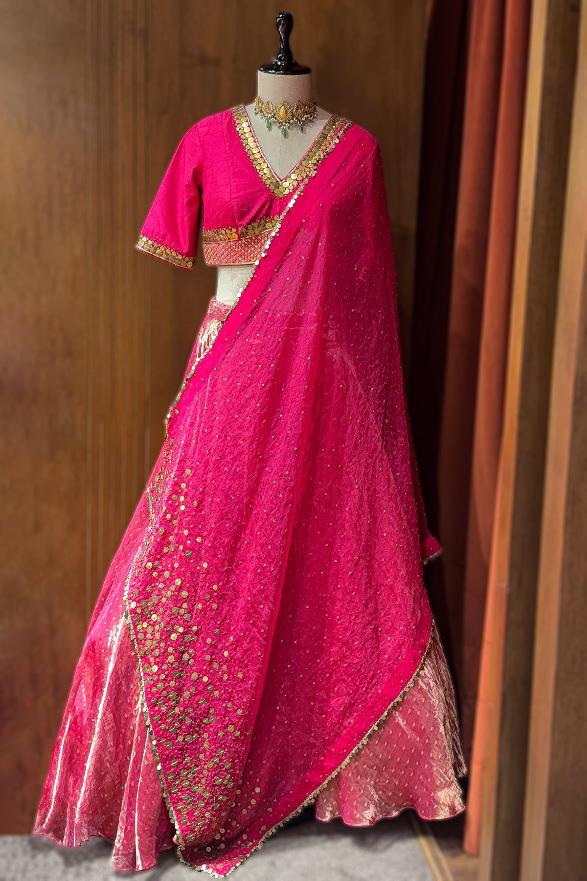 Rose Gold Dual-Toned Tissue Organza Silk Lehenga with Heritage Zari Weaving