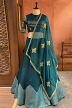 Bottle Green Silk Chevron Woven Kalidaar Lehenga with Pearl-Embellished Boat Neck Blouse