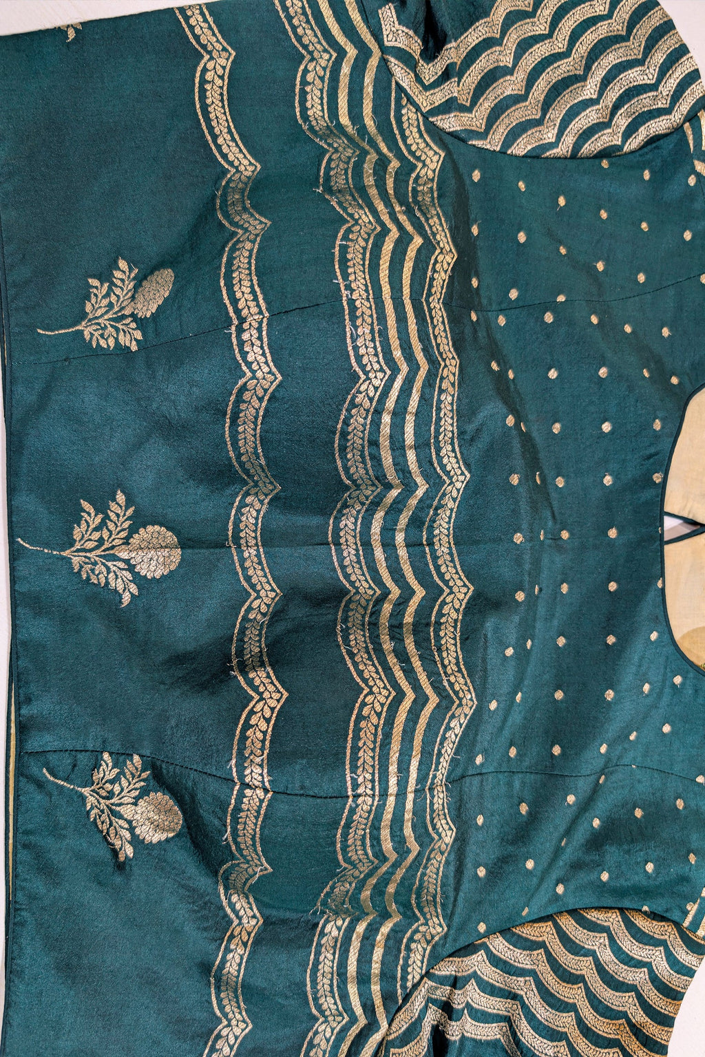 Bottle Green Silk Chevron Woven Kalidaar Lehenga with Pearl-Embellished Boat Neck Blouse