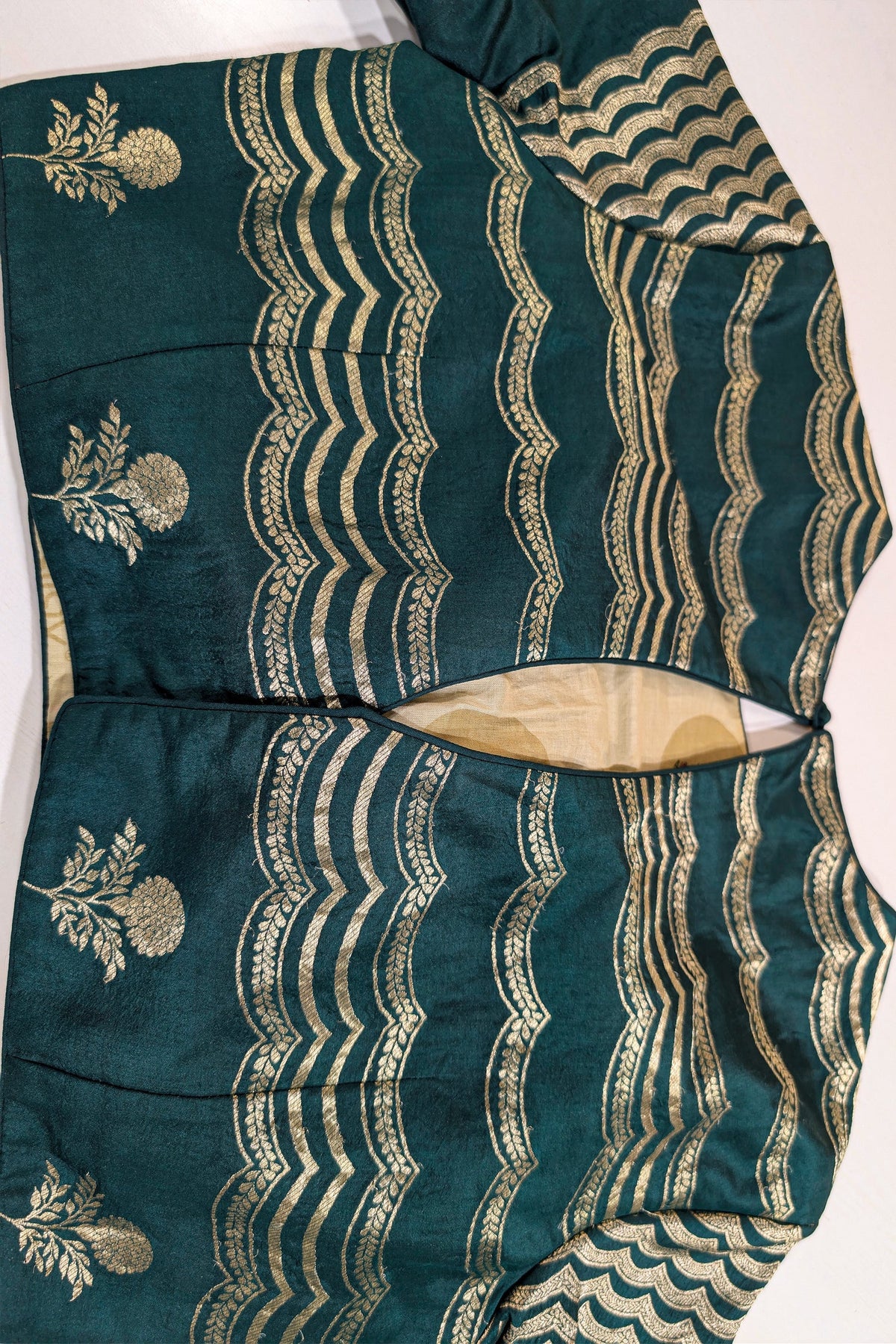 Bottle Green Silk Chevron Woven Kalidaar Lehenga with Pearl-Embellished Boat Neck Blouse
