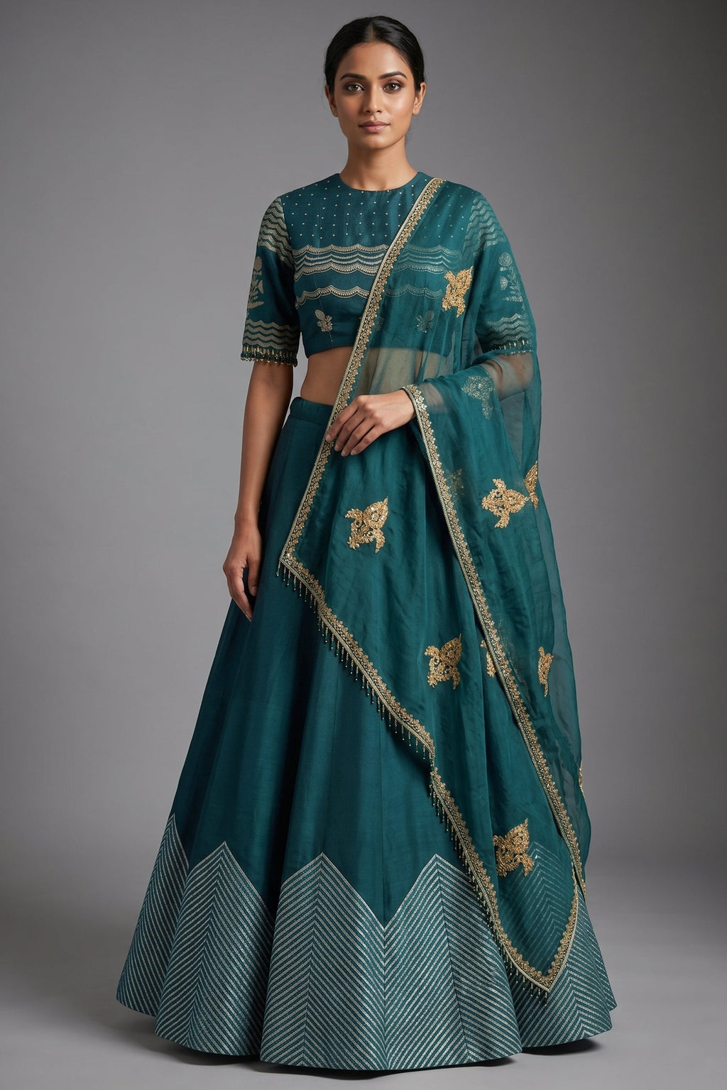 Bottle Green Silk Chevron Woven Kalidaar Lehenga with Pearl-Embellished Boat Neck Blouse