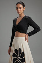 Cream Crepe Silk Bold Monochrome Floral Lehenga with Twist-Knot Gunmetal Studded Crop Top