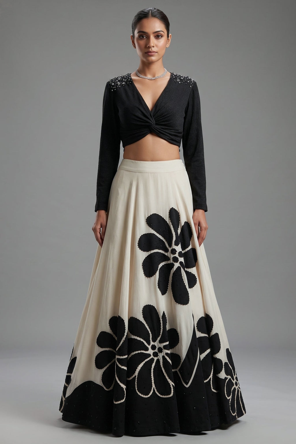 Cream Crepe Silk Bold Monochrome Floral Lehenga with Twist-Knot Gunmetal Studded Crop Top