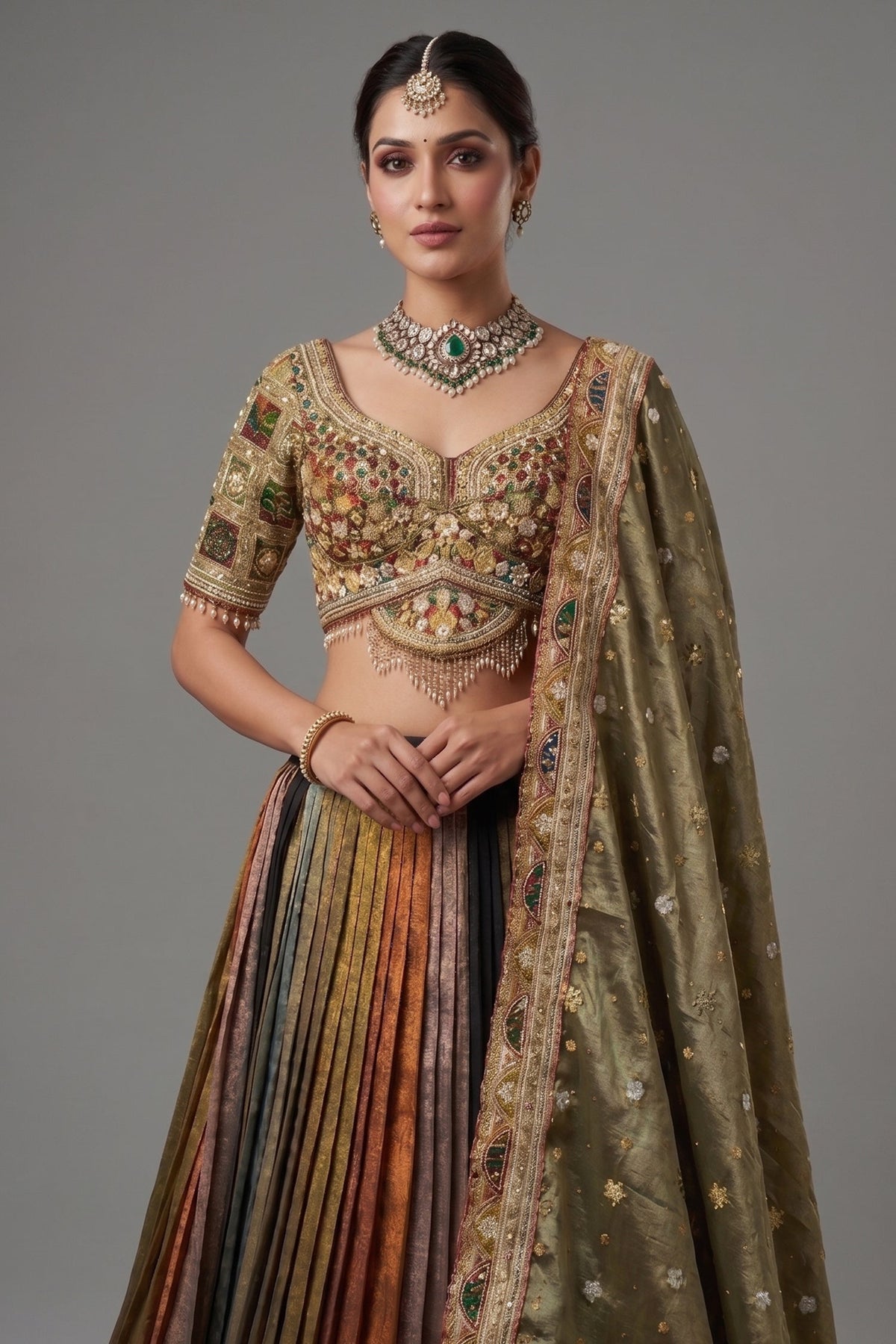 Sage Green Metallic Tissue Accordion Pleated Lehenga with Heritage Patola Weaving & Mirror-Work Blouse