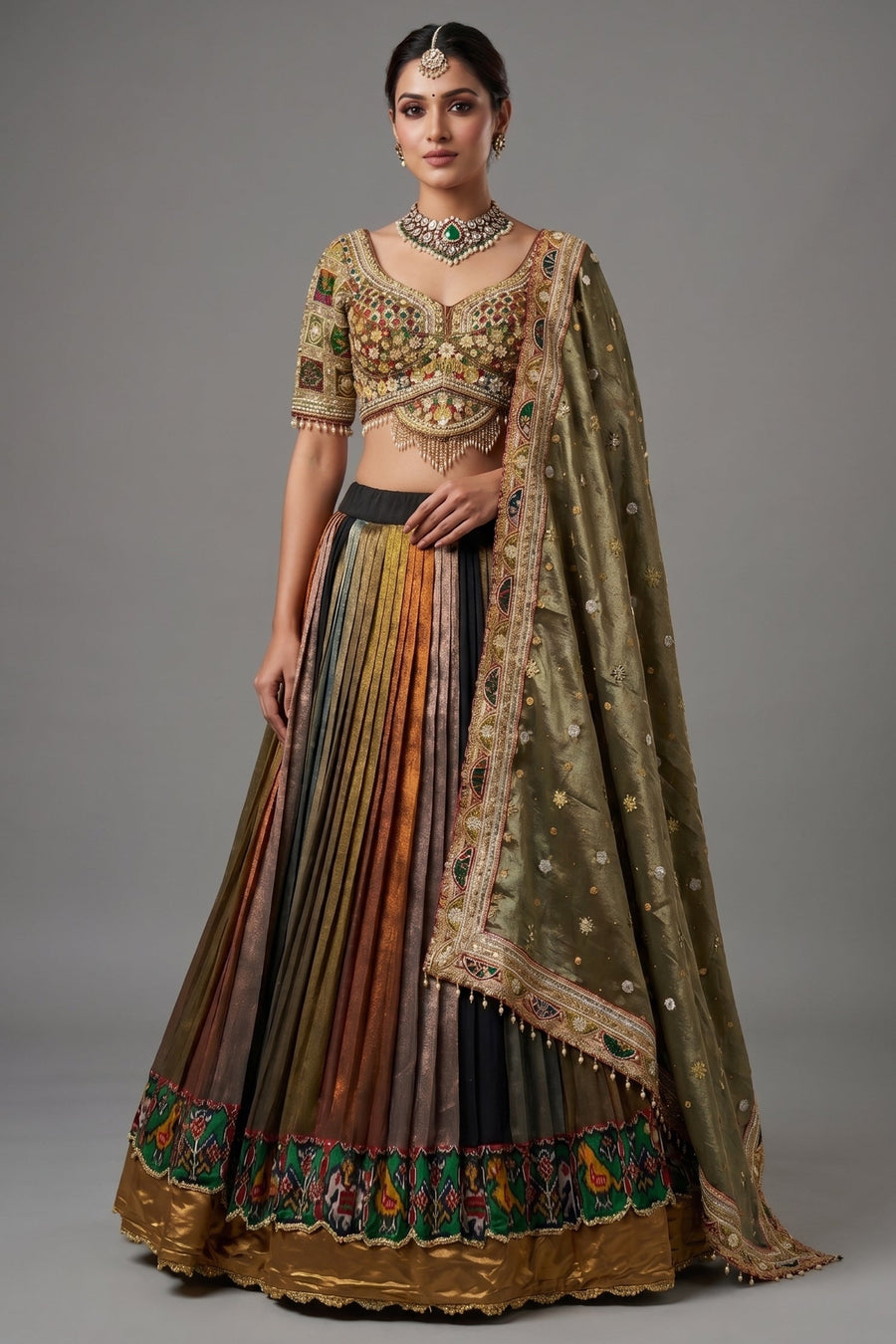 Sage Green Metallic Tissue Accordion Pleated Lehenga with Heritage Patola Weaving & Mirror-Work Blouse