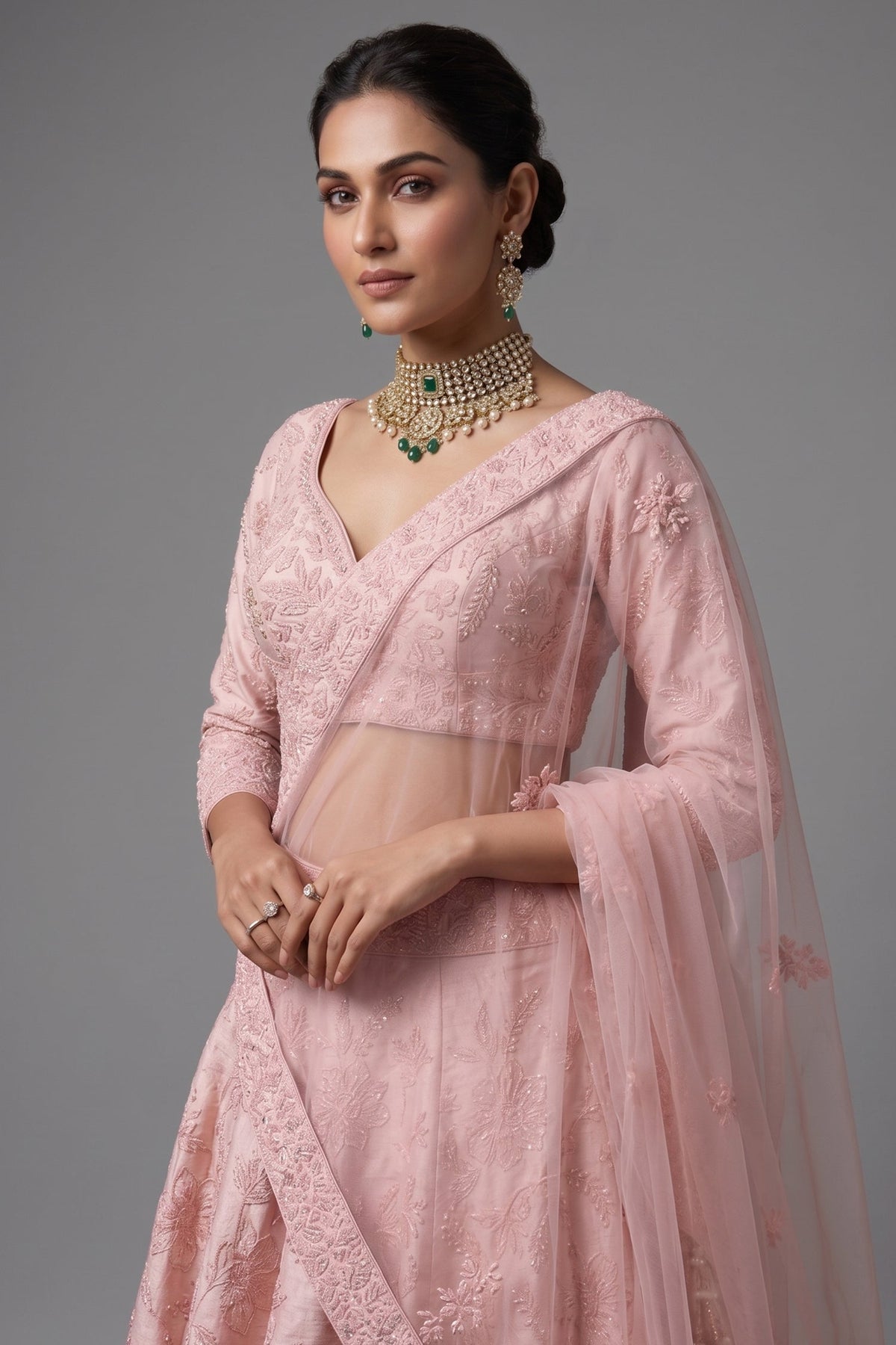 Light Pink Raw Silk Floral Embroidered and Bead Worked Lehenga