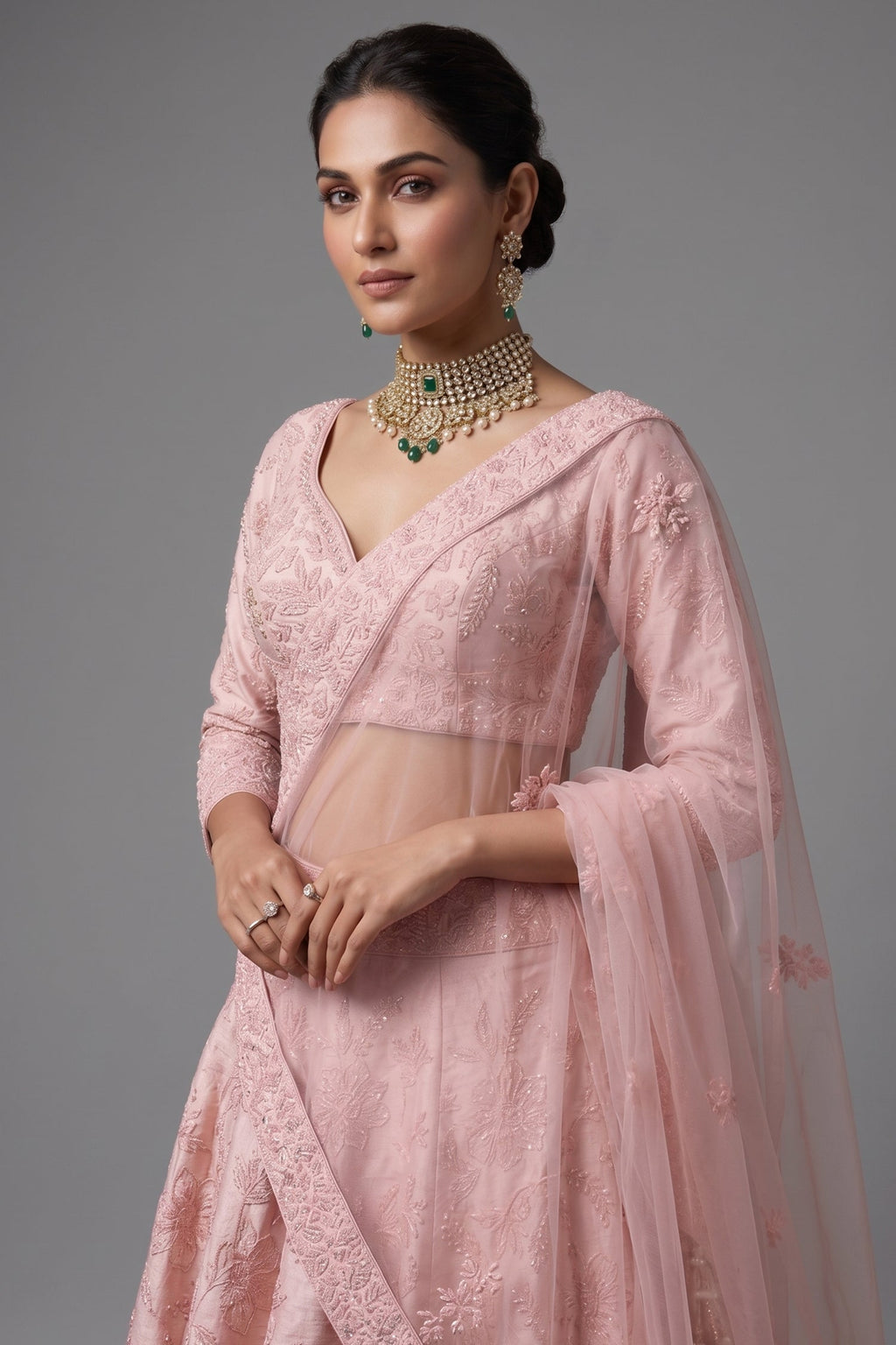 Light Pink Raw Silk Floral Embroidered and Bead Worked Lehenga