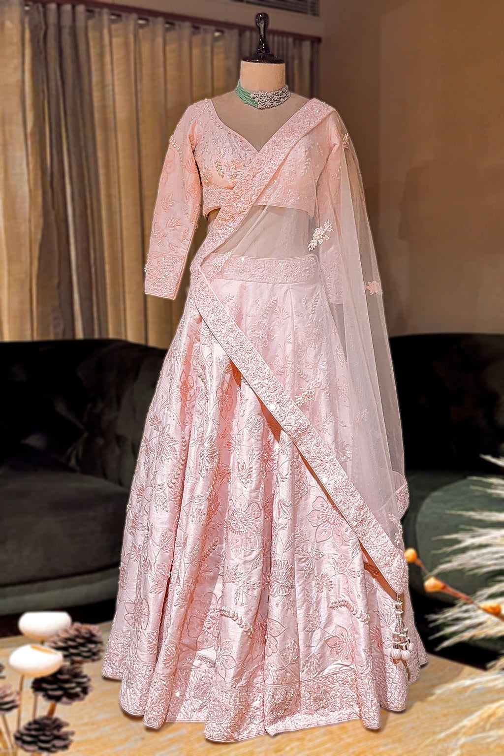 Light Pink Raw Silk Floral Embroidered and Bead Worked Lehenga