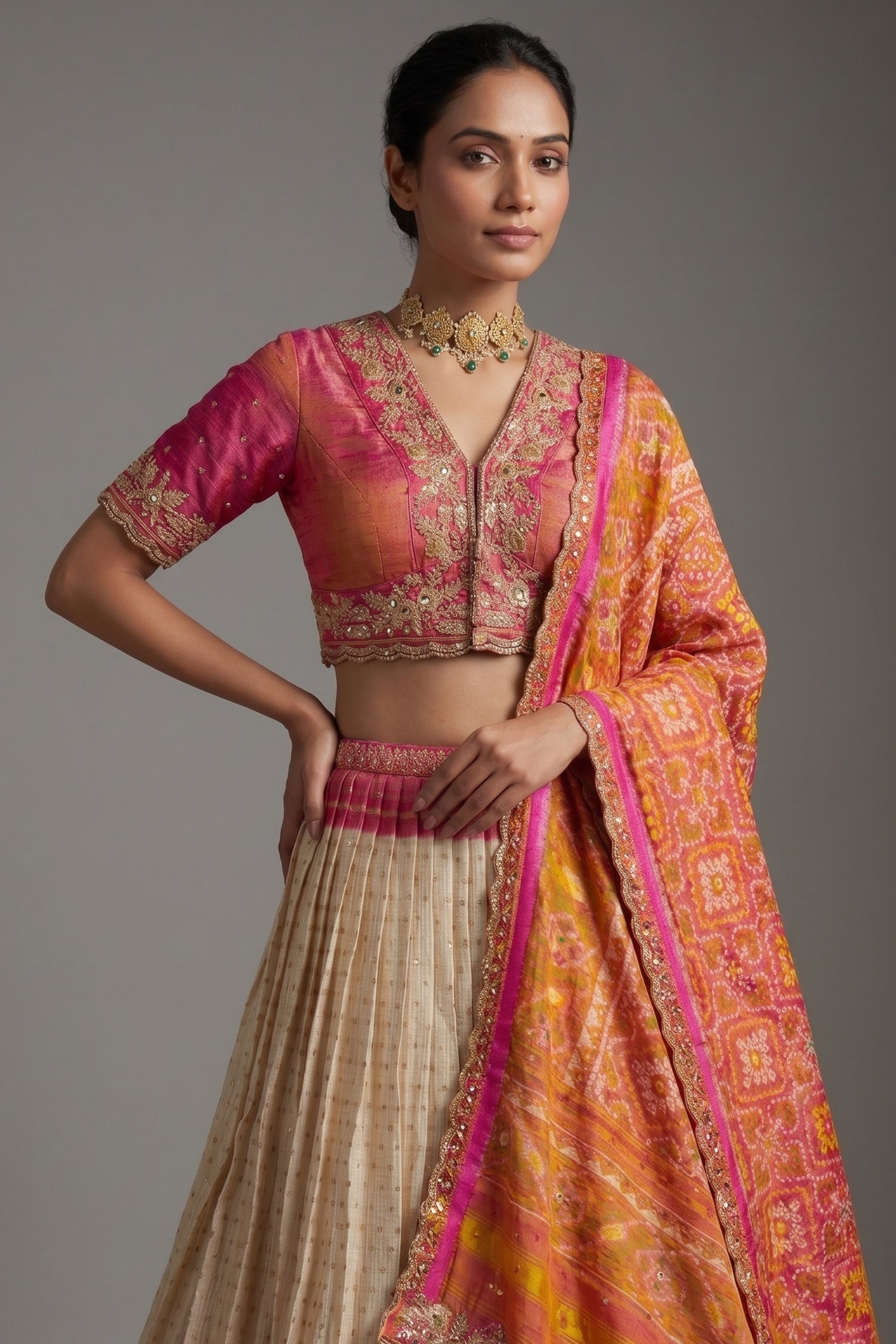 Cream and Fuchsia Two-Tone Tissue Silk Pleated Patola Ikkat Lehenga with Hand-Embellished Zardosi V-Neck Blouse Secondary image