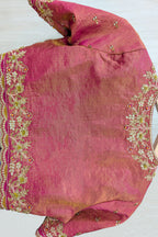 Cream and Fuchsia Two-Tone Tissue Silk Pleated Patola Ikkat Lehenga with Hand-Embellished Zardosi V-Neck Blouse