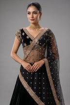 Midnight Black Raw Silk Zardosi Lehenga Set with Sequin Palm Tree Motifs and Jeweled Cross-Over Blouse