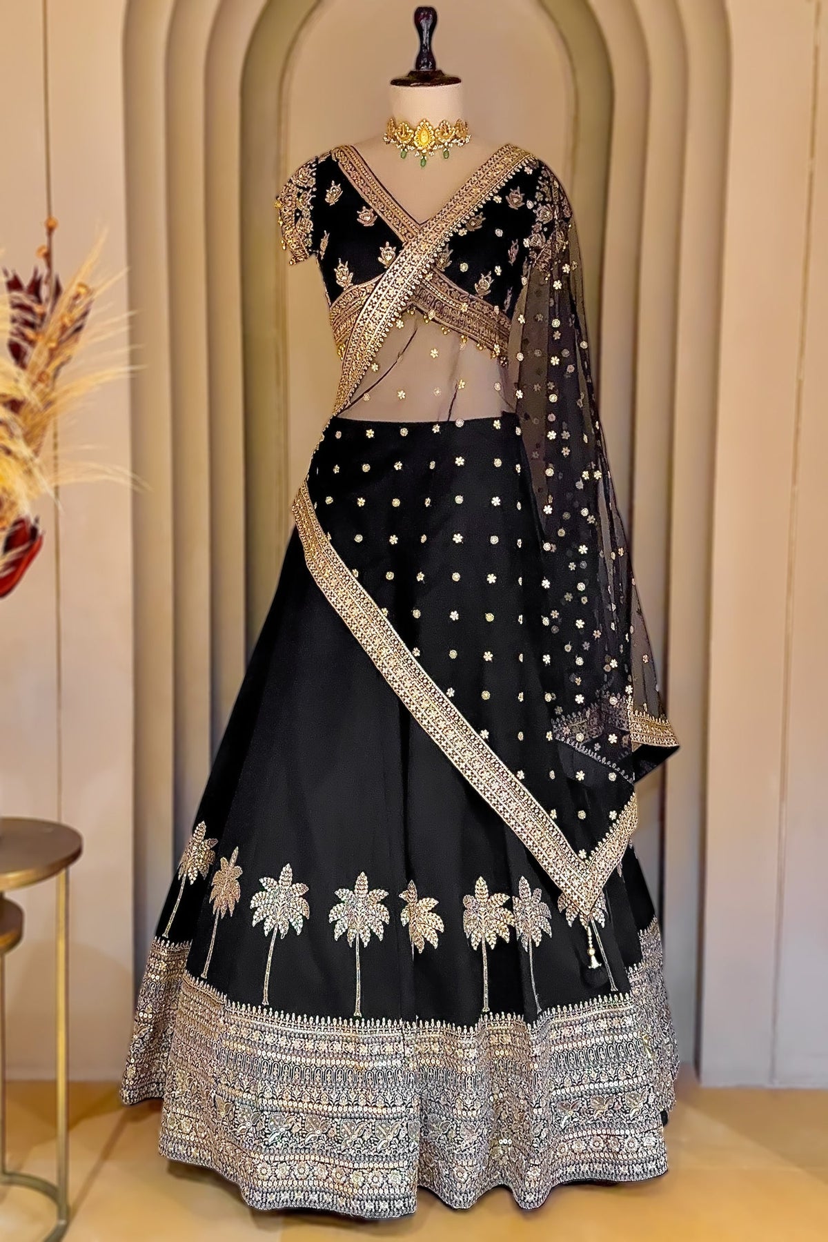 Midnight Black Raw Silk Zardosi Lehenga Set with Sequin Palm Tree Motifs and Jeweled Cross-Over Blouse