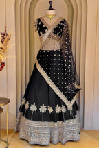 Midnight Black Raw Silk Zardosi Lehenga Set with Sequin Palm Tree Motifs and Jeweled Cross-Over Blouse