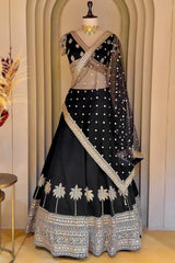Midnight Black Raw Silk Zardosi Lehenga Set with Sequin Palm Tree Motifs and Jeweled Cross-Over Blouse