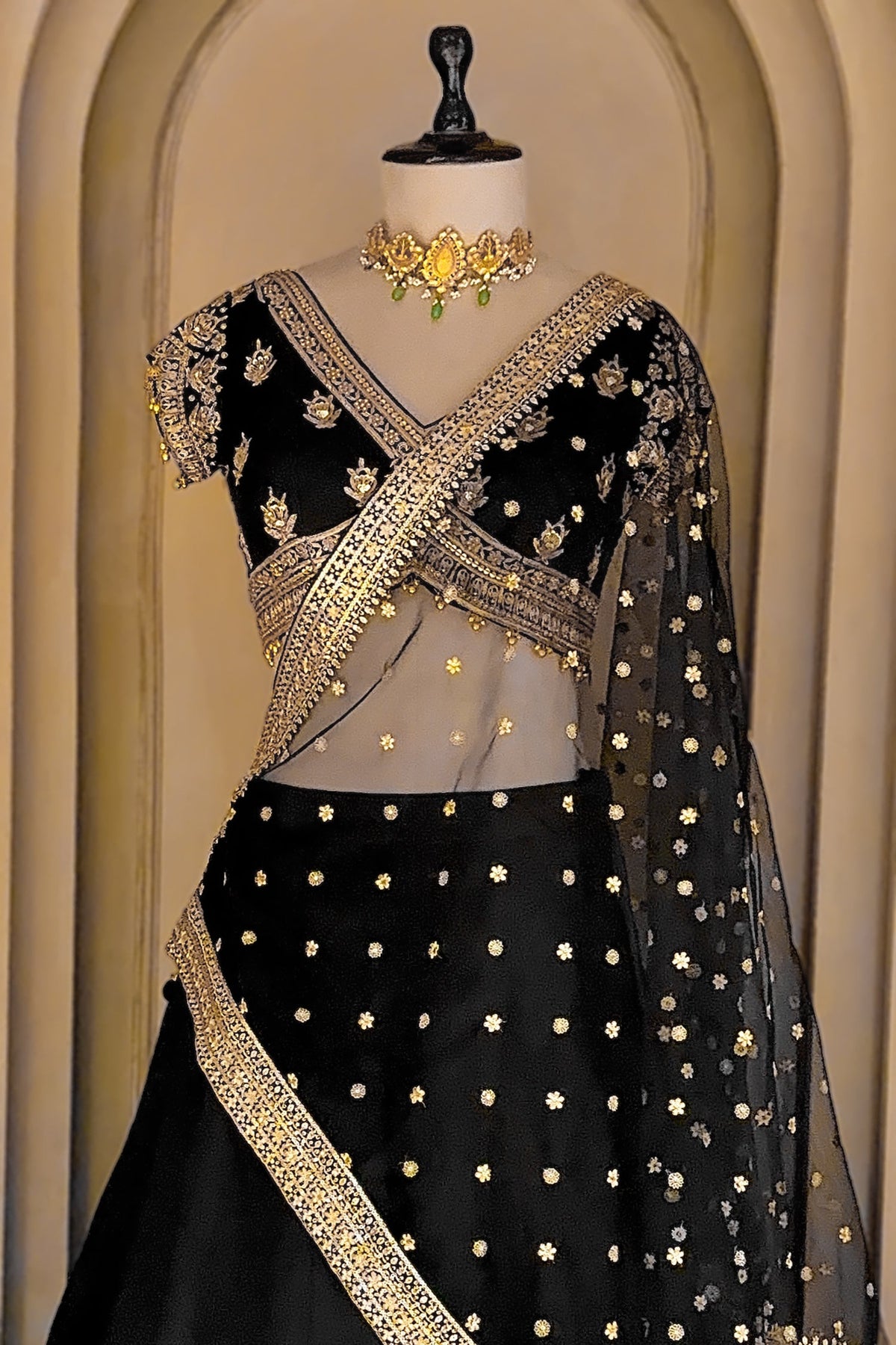 Midnight Black Raw Silk Zardosi Lehenga Set with Sequin Palm Tree Motifs and Jeweled Cross-Over Blouse