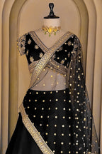 Midnight Black Raw Silk Zardosi Lehenga Set with Sequin Palm Tree Motifs and Jeweled Cross-Over Blouse