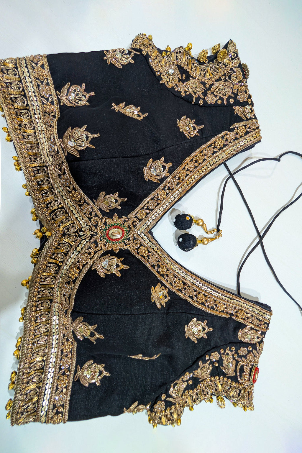 Midnight Black Raw Silk Zardosi Lehenga Set with Sequin Palm Tree Motifs and Jeweled Cross-Over Blouse