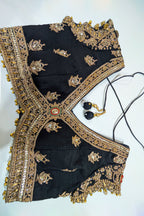 Midnight Black Raw Silk Zardosi Lehenga Set with Sequin Palm Tree Motifs and Jeweled Cross-Over Blouse