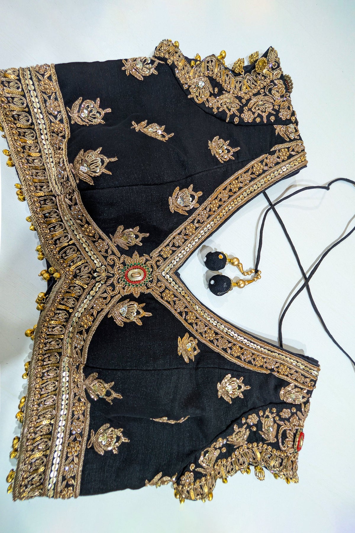 Midnight Black Raw Silk Zardosi Lehenga Set with Sequin Palm Tree Motifs and Jeweled Cross-Over Blouse