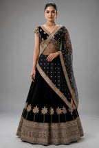 Midnight Black Raw Silk Zardosi Lehenga Set with Sequin Palm Tree Motifs and Jeweled Cross-Over Blouse