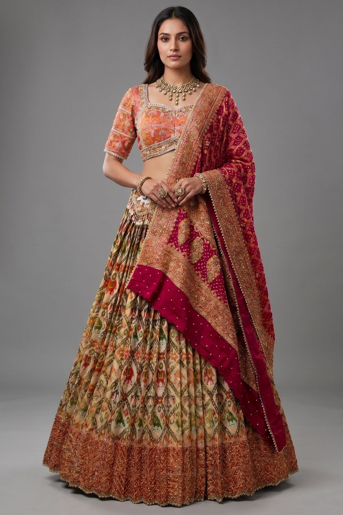 Cream and Golden Tissue Silk Heritage Patola Lehenga with Hand-Embroidered Zardosi Blouse and Georgette Bandhej Dupatta