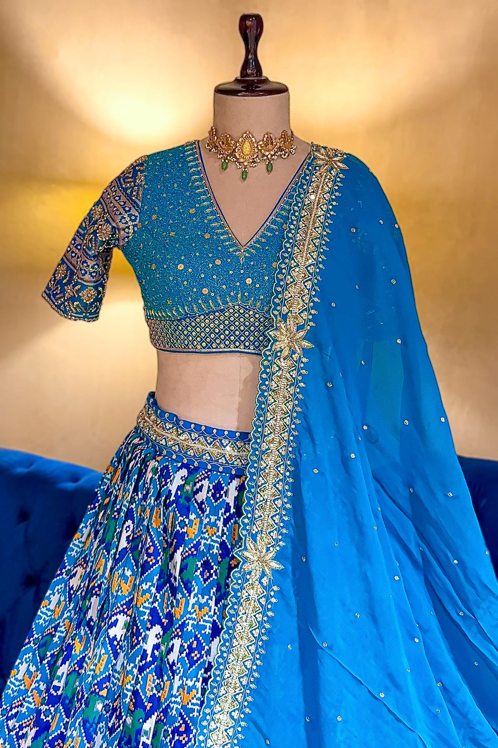Sky Blue Silk Traditional Patola Lehenga with Hand-Embroidered Zardosi Blouse