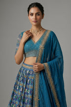 Sky Blue Silk Traditional Patola Lehenga with Hand-Embroidered Zardosi Blouse