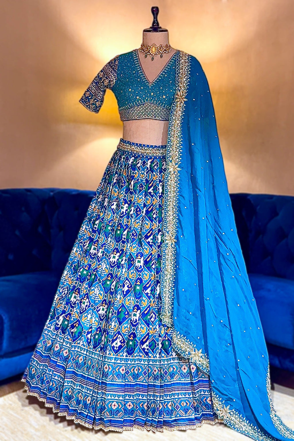 Sky Blue Silk Traditional Patola Lehenga with Hand-Embroidered Zardosi Blouse