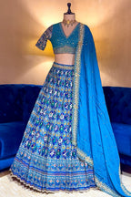 Sky Blue Silk Traditional Patola Lehenga with Hand-Embroidered Zardosi Blouse