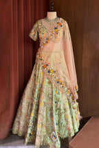 Mint Green Raw Silk Designer Lehenga with Multicolor Floral Hand-Embroidery